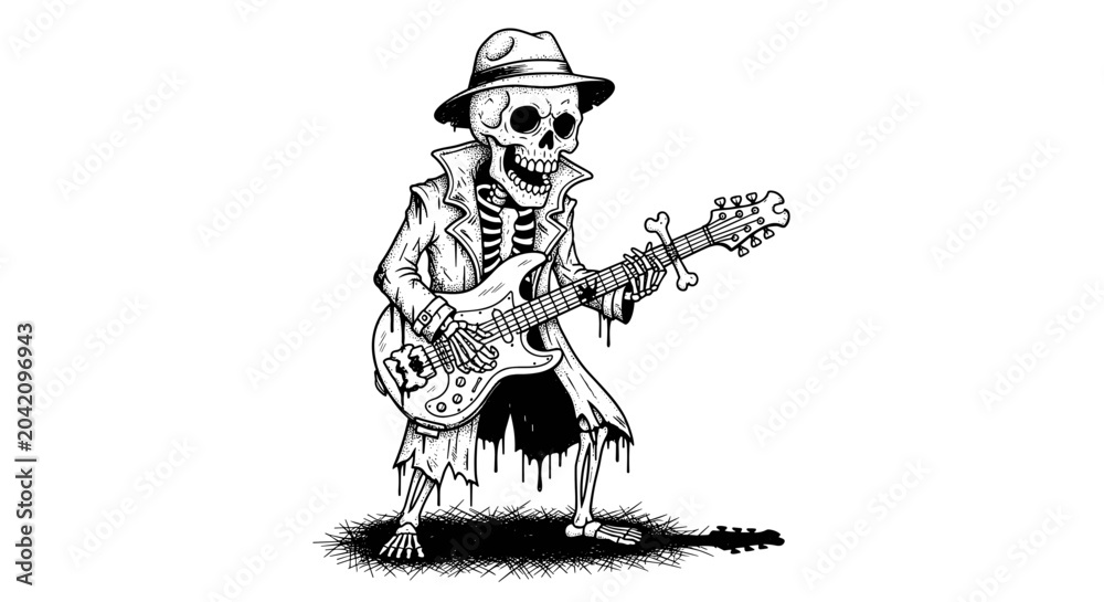Fototapeta premium Skeleton playing electric guitar wearing a hat and trench coat.