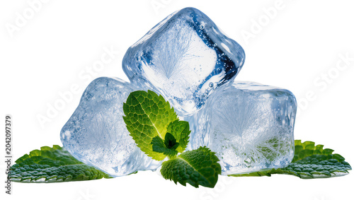 Clear ice cubes with fresh mint leaves