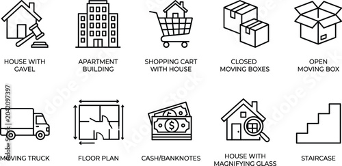 Set of icons for moving services house truck floor plan and finance elements.