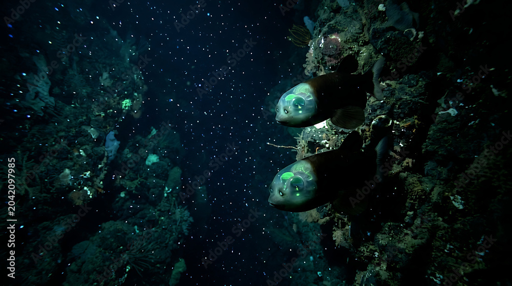 Obraz premium Deep Sea Exploration Reveals Strange Bioluminescent Creatures in Dark Ocean Depths