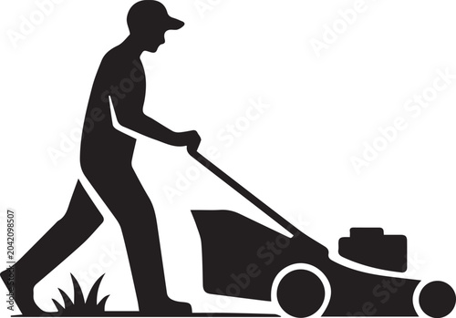 Photos Man pushing lawn mower in silhouette isolated on transparent background, Vector,