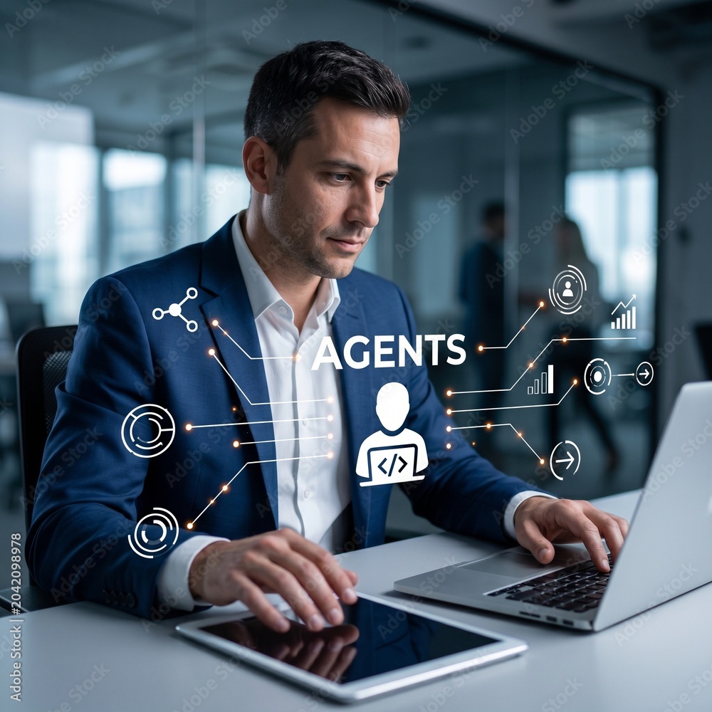Obraz premium Businessman working on laptop, agents concept, office technology, professional workspace