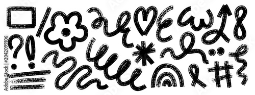 Tableau sur toile Bold brush squiggle set with thick hand drawn wavy lines, heart, rainbow, arrow