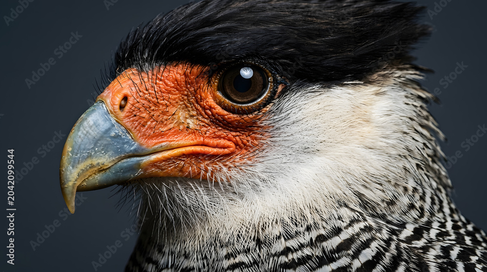 Fototapeta premium Crested Caracara Close Up Portrait with Striking Eye and Detailed Plumage