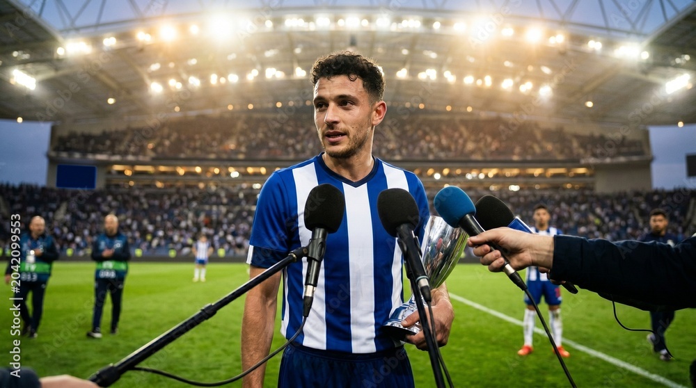 Naklejka premium Soccer player holding trophy interviewed by reporters on field after winning match