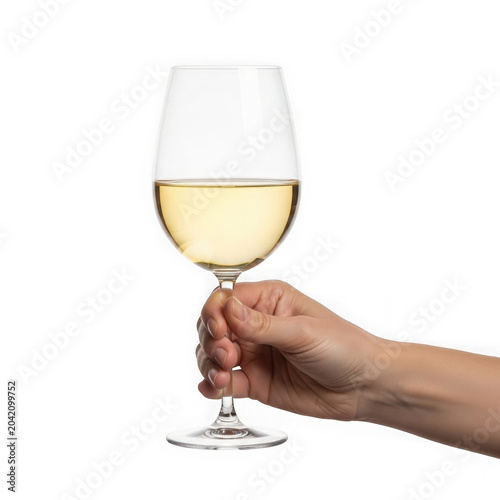 Man holding a sophisticated glass of white wine, showcasing elegance and taste on a transparent background.
