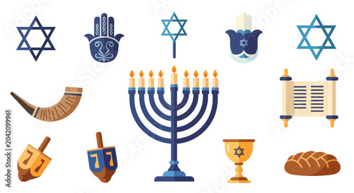 Foto Jewish Symbols and Hanukkah Objects.