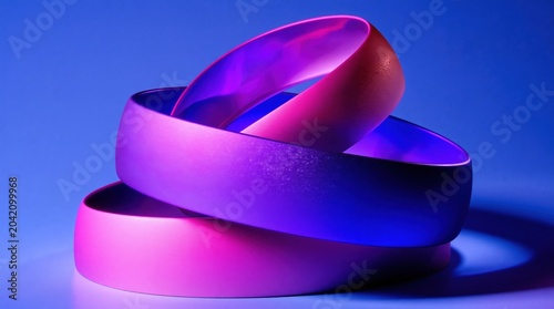 Three interlocking rings with pink and purple gradient light. Minimalist geometric bands on blue background. Abstract studio composition