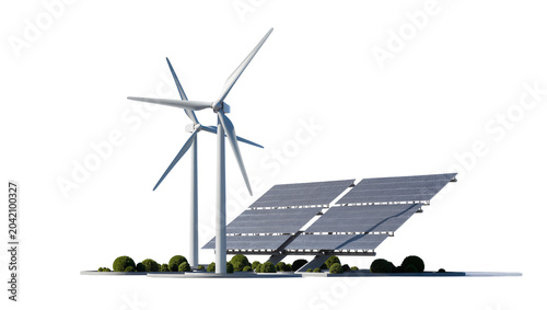 Fotografía Wind turbines and solar panels with green bushes
