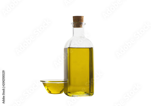 Glass bottle of olive oil with small dipping bowl, mediterranean oil isolated on transparent background PNG