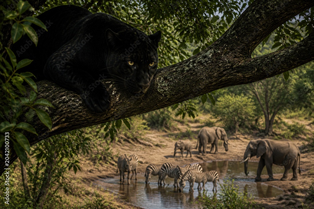 Obraz premium Black panther perched on tree branch overlooking watering hole