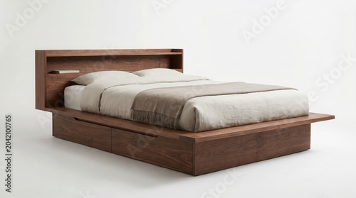 Modern wooden bed frame with storage and reading lights, Neutral beige bedding