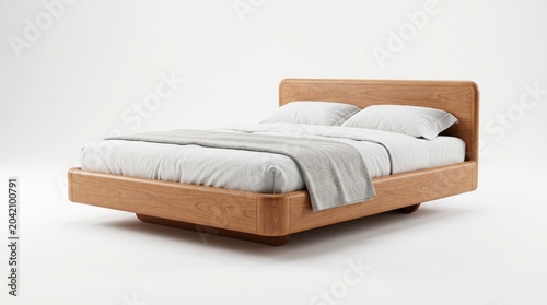 Modern wooden bed with white bedding and gray throw on a clean white background for interior design and furniture advertising