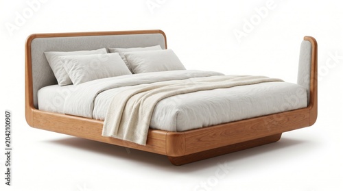 Modern wooden bed with white bedding and gray upholstered headboard and footboard interior design