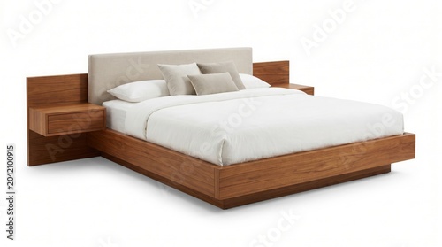 Modern wooden bed frame with beige headboard and nightstands interior design