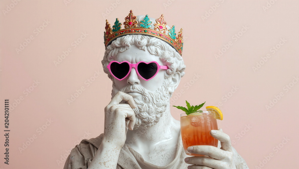 Obraz premium Statue with crown and heart-shaped sunglasses holding a drink at a colorful background in a creative setup