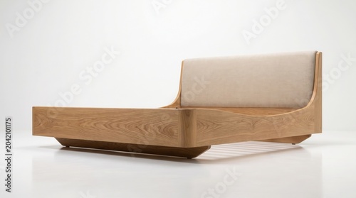 Modern wooden chaise lounge with beige upholstery in minimalist interior setting for relaxation and comfort