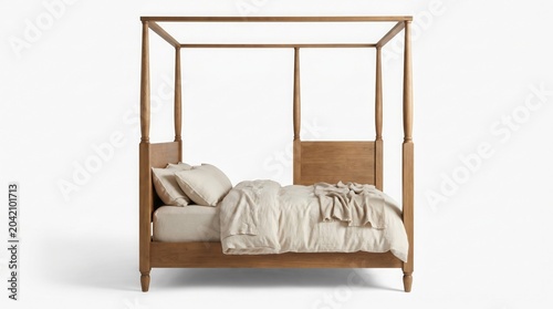 Elegant wooden four poster bed with beige bedding and pillows on white background for interior design and furniture advertising