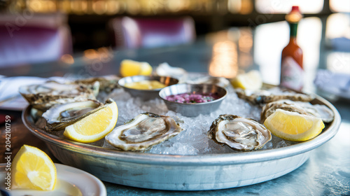 fresh oysters on ice with lemon wedges for food photography