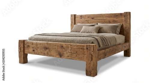Rustic wooden bed frame with beige bedding and pillows on white background, Perfect for interior design and furniture advertising