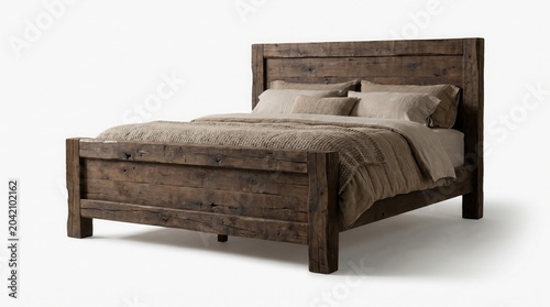 Rustic wooden bed frame with beige bedding and pillows on white background for interior design inspiration