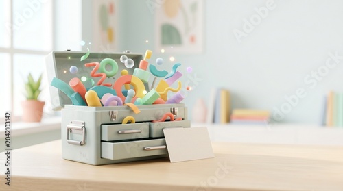Colorful toolbox overflowing with creative letters on wooden table  