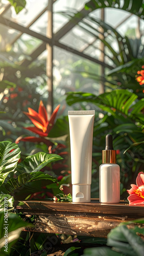 Botanical Glass Oasis: Blank cosmetic tube, serum bottle, beauty product, organic skincare, natural botanical background, tranquil atmosphere, luxury concept