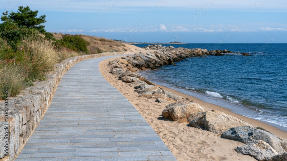 Fototapeta premium Coastal pathway along sandy beach with rocky shoreline and calm ocean waves under a clear blue sky, surrounded by grass and trees in a serene outdoor setting