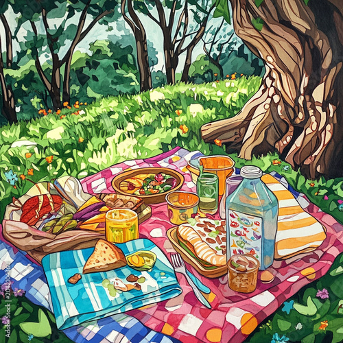 A picnic in the park with colorful blankets, snacks, and laughter