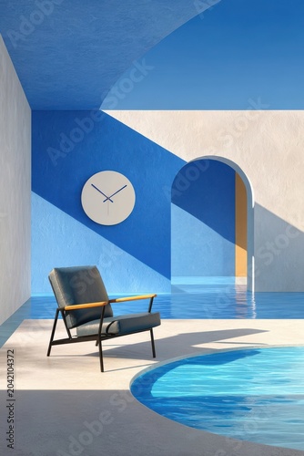 Modern minimalist lounge chair by a blue pool in a sunlit architectural interior with arch