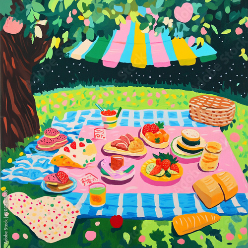 A picnic in the park with colorful blankets, snacks, and laughter