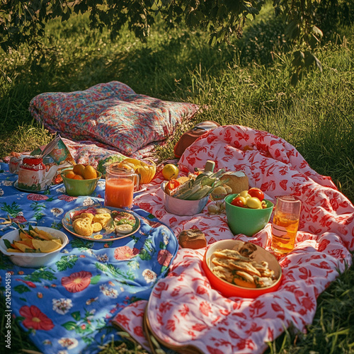 A picnic in the park with colorful blankets, snacks, and laughter