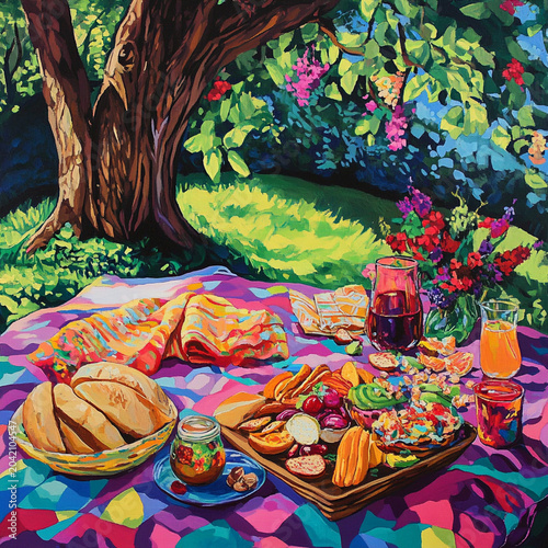 A picnic in the park with colorful blankets, snacks, and laughter