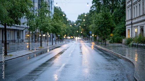 Urban street scene with wet pavement reflecting streetlights and trees lining the road, creating a serene atmosphere in a city environment during early evening