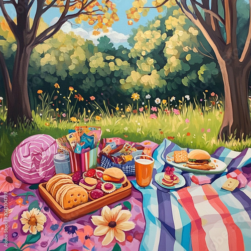 A picnic in the park with colorful blankets, snacks, and laughter