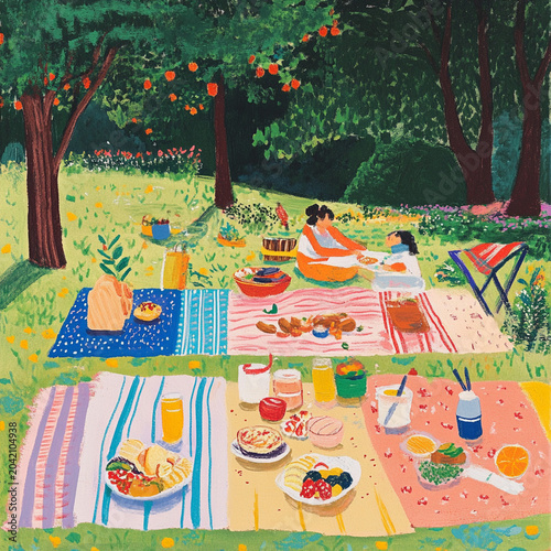 A picnic in the park with colorful blankets, snacks, and laughter