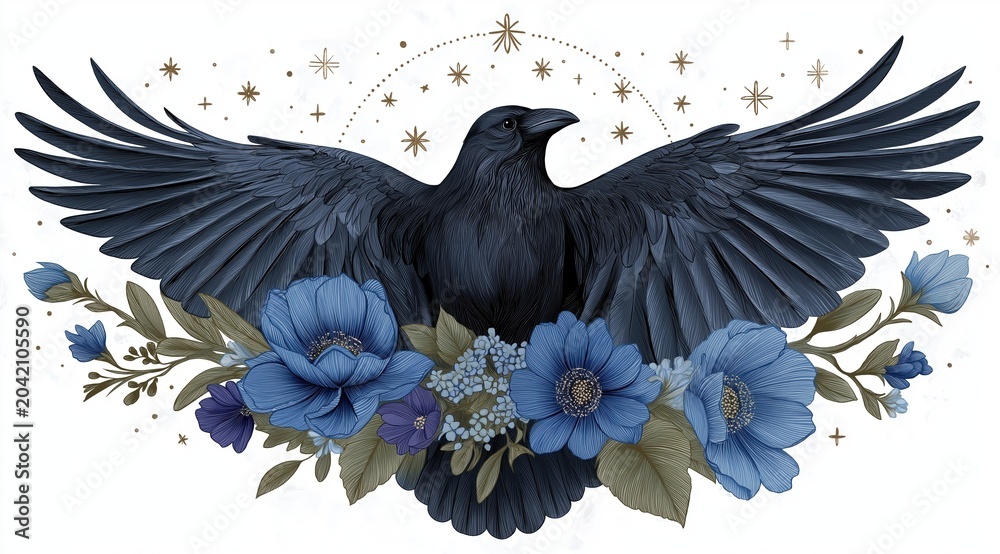 Fototapeta premium Symmetrical black raven surrounded by blue flowers and celestial stars. A mystical gothic design suitable for winter solstice festivals or dark-themed cultural exhibitions.