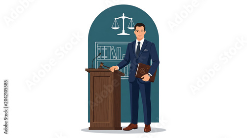 Flat Vector Illustration of a Lawyer Standing Beside a Podium with Gavel and Bookshelf in the Background