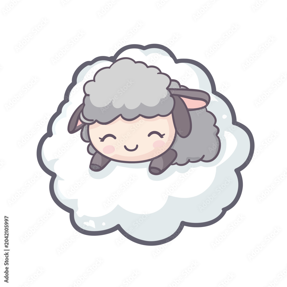 Fototapeta premium A cute, cartoon sheep rests on a cloud. It has a smiling face, grey wool, ears, and hooves