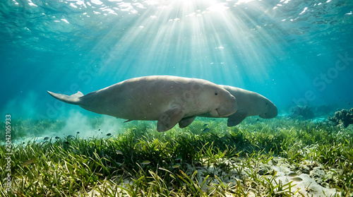Two gentle dugongs swimming in a sunlit tropical ocean over seagrass beds
