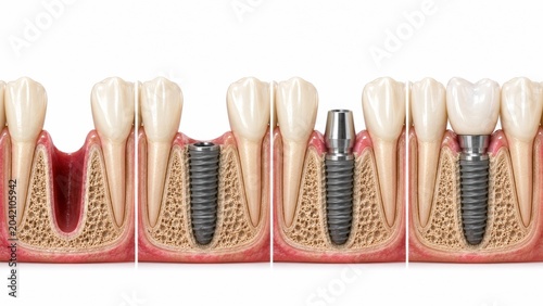 Dental implant procedure showing tooth replacement stages in jawbone structure for healthy smile