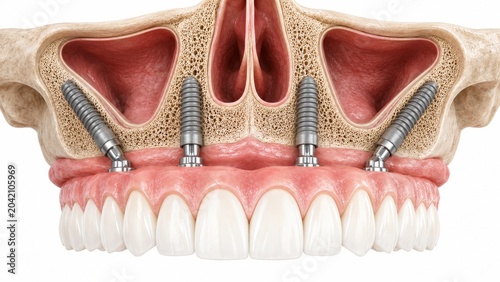 Dental implants supporting a fixed bridge restoration in a cross section of the maxillary jawbone and sinuses