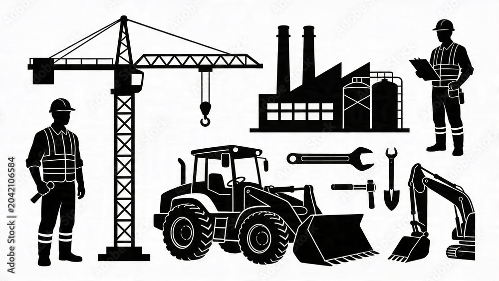 Obraz premium Silhouettes of construction workers and machinery in industrial setting