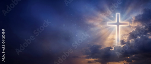 Glowing Christian Cross in Twilight Sky with Radiant Light Beams and Expansive Copy Space, Modern Spiritual Worship Banner Background