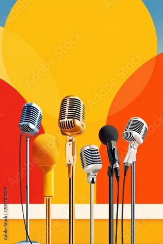 Microphones lined up for press conference and live announcement against bold colorful background