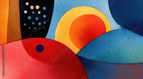 Abstract geometric landscape with sun and hills. Vibrant watercolor texture background. Modern minimalist art illustration