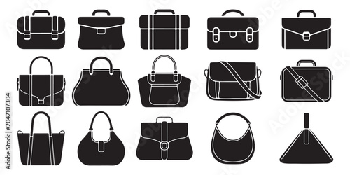 Business briefcase and fashion handbag silhouettes vector set