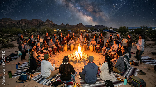 People Gathering Around a Campfire Under a Starry Night Sky