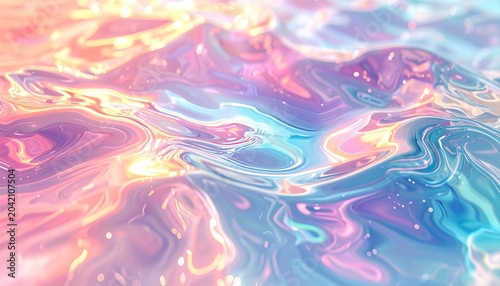 Pastel iridescent liquid abstract background with glossy reflections and soft waves