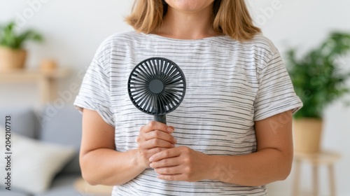 Woman holding a portable electric fan while standing indoors in a bright room with plants and soft furnishings visible in the background